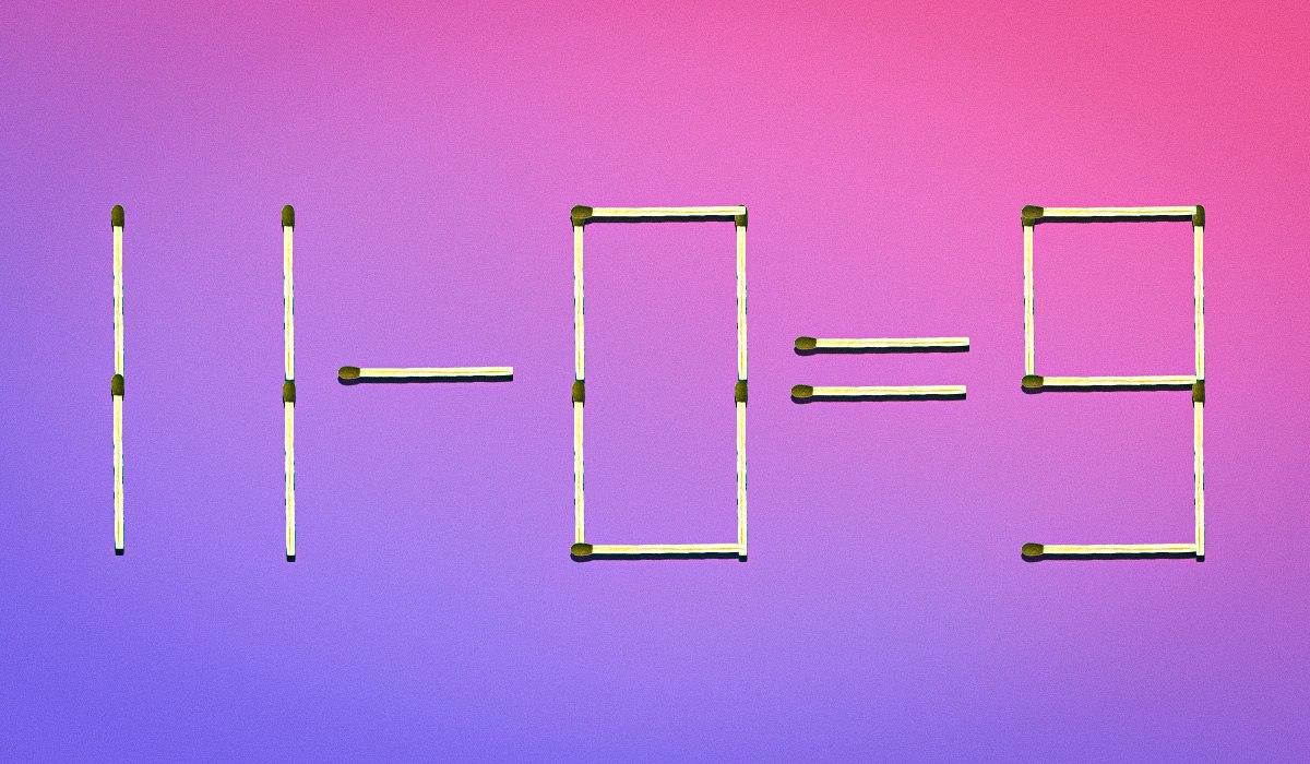 Aby bola rovnica správna, je potrebné vziať ľavú hornú zápalku z čísla 9 a priložiť ju do stredu čísla 0. Tým sa číslo 9 zmení na 3 a číslo 0 na 8. Dostaneme tak správnu rovnicu: 11 - 8 = 3. Moje koláž